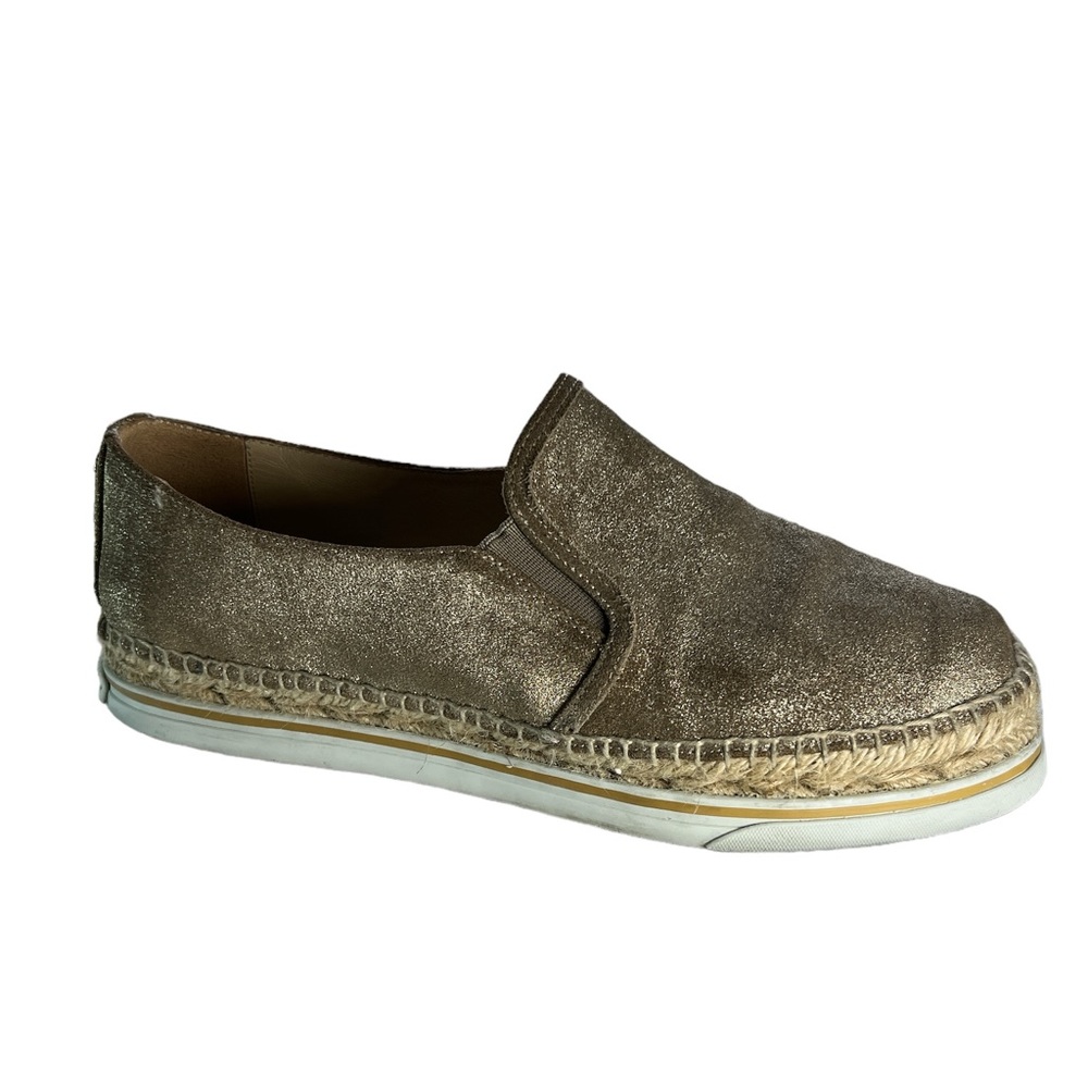 Jimmy Choo Dawn metallic distressed gold suede slip on espadrille sneakers sz 8